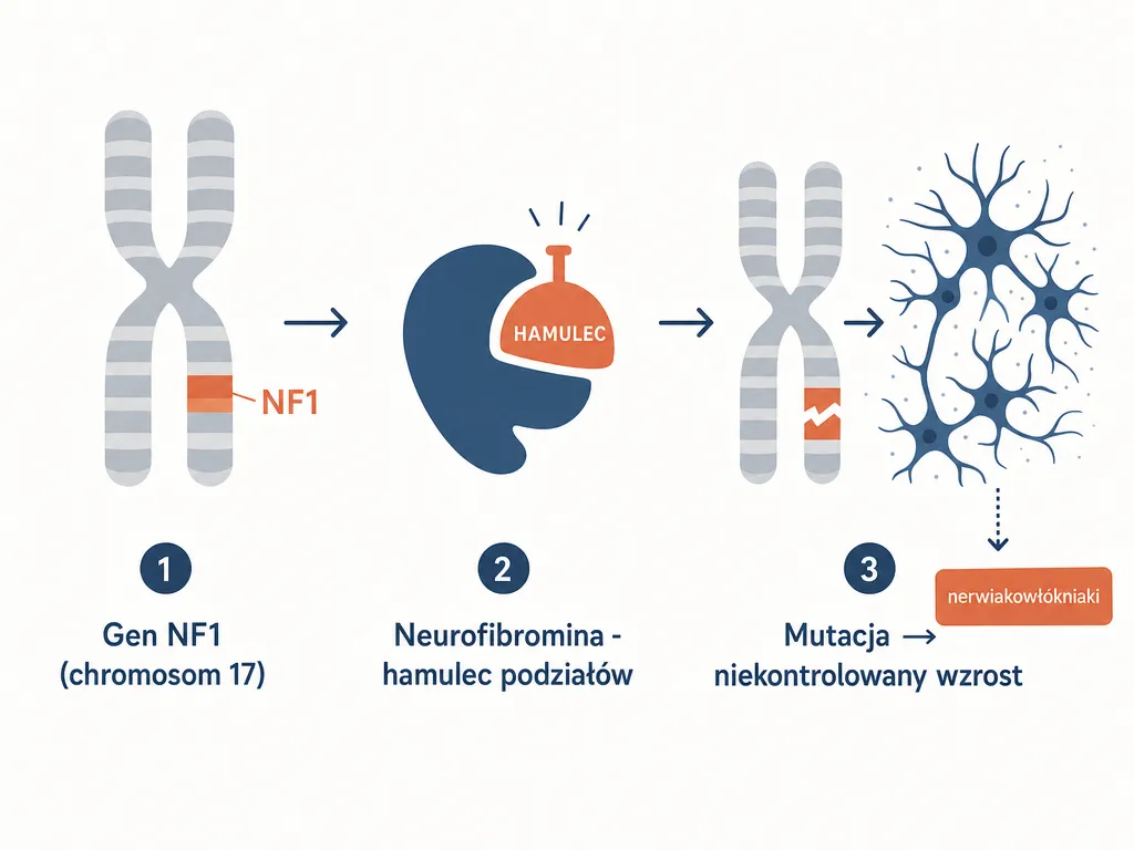 Diagram wyjaśniający podłoże genetyczne choroby Recklinghausena - mutacja genu NF1 i rola neurofibrominy