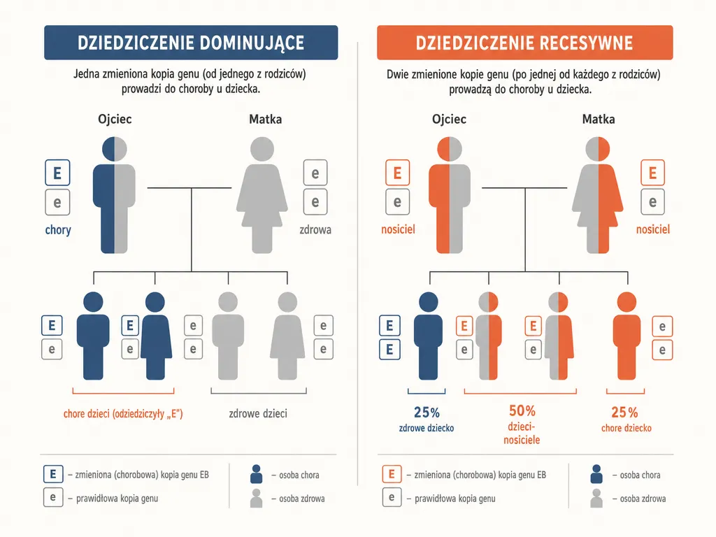 Infografika porównująca dziedziczenie autosomalne dominujące i recesywne w EB