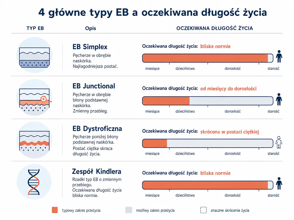 Infografika porównująca 4 rodzaje EB i przewidywaną długość życia