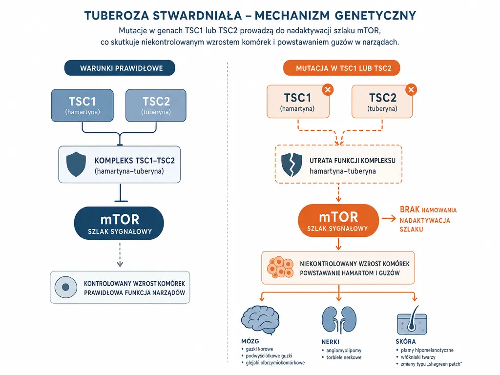 Diagram mechanizmu genetycznego stwardnienia guzowatego pokazujący geny TSC1 i TSC2 hamujące szlak mTOR