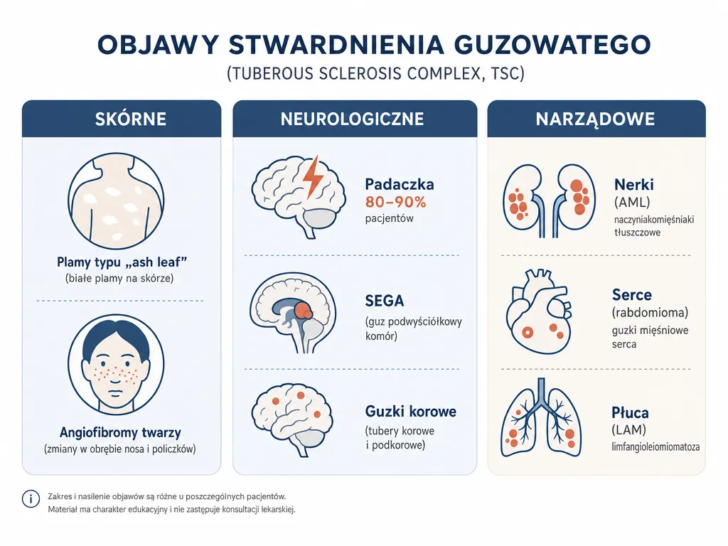 Infografika grupująca objawy stwardnienia guzowatego na skórne, neurologiczne i narządowe