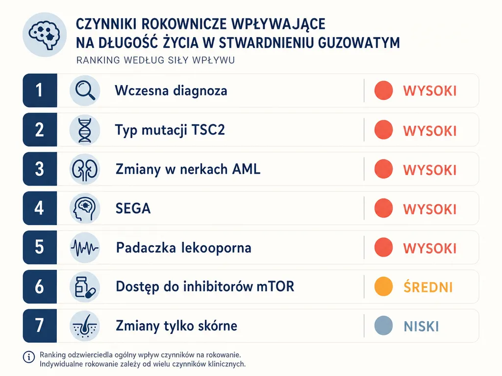 Infografika czynników prognostycznych wpływających na długość życia w stwardnieniu guzowatym z poziomami wpływu