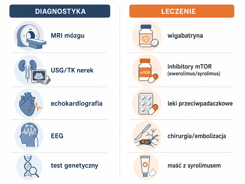 Infografika zestawiająca metody diagnostyczne i metody leczenia stwardnienia guzowatego
