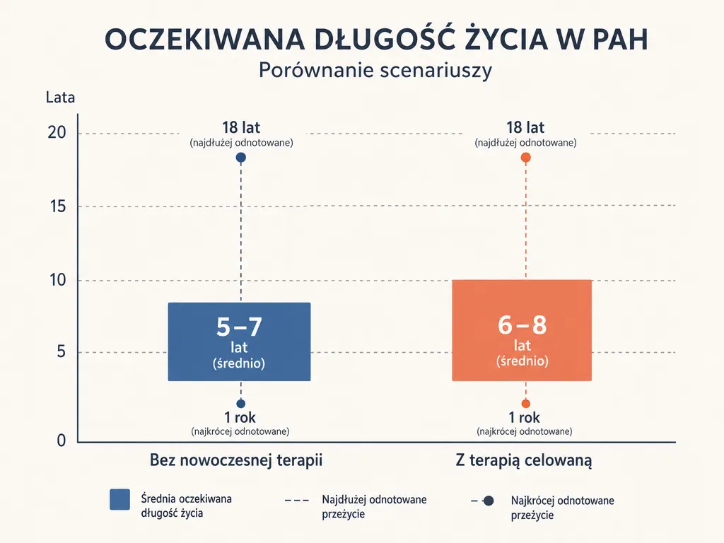 Wykres słupkowy porównujący średnią długość życia z nadciśnieniem płucnym z terapią celowaną i bez niej