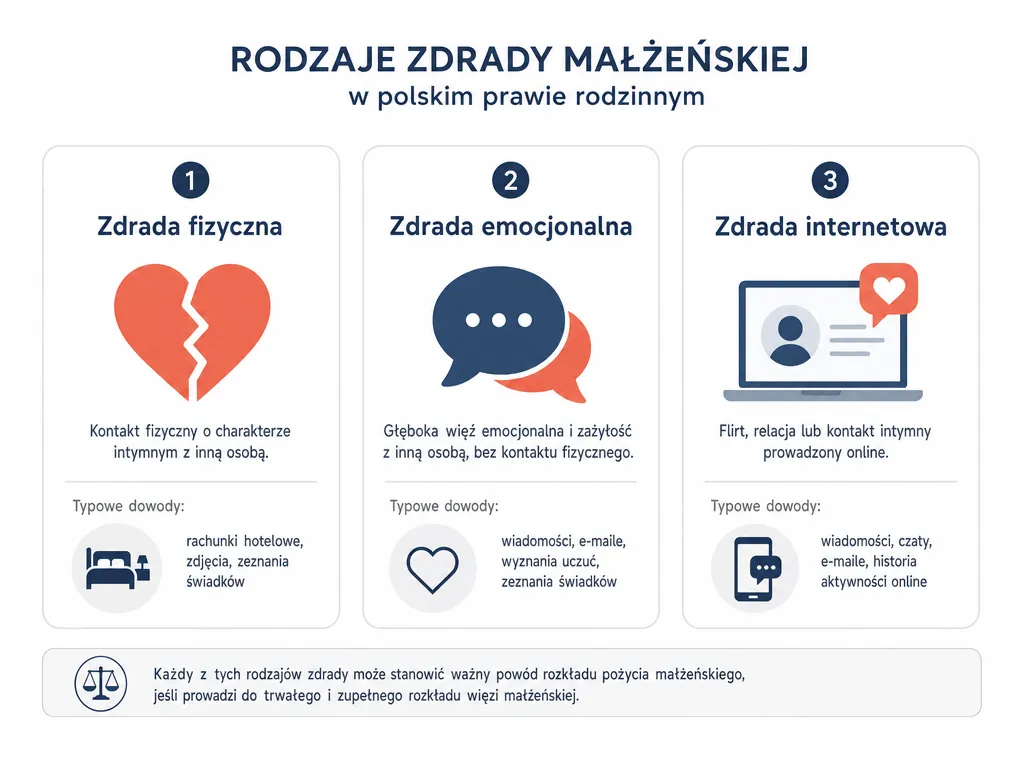 Infografika porównująca trzy rodzaje zdrady małżeńskiej: fizyczną, emocjonalną i internetową