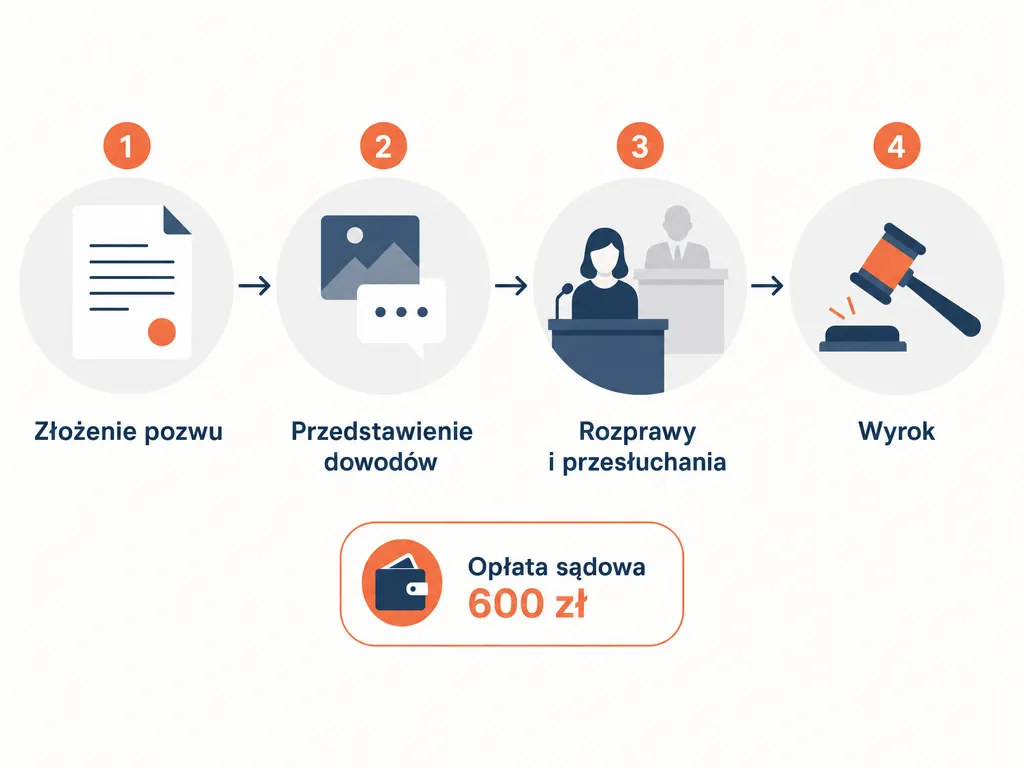 Diagram przebiegu rozwodu z orzeczeniem o winie w czterech krokach z opłatą 600 zł