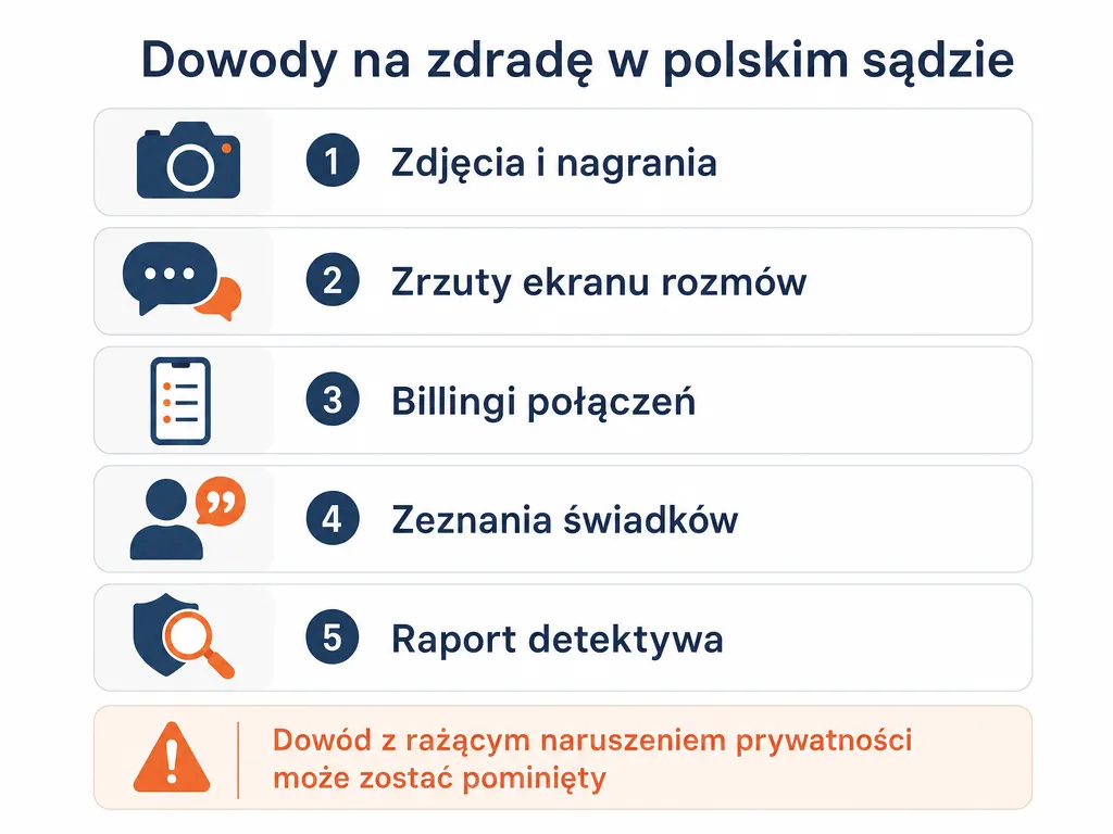Wizualna lista dowodów zdrady dopuszczalnych w sądzie z ostrzeżeniem o legalności