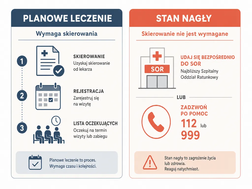Infografika porównująca leczenie planowe wymagające skierowania i stan nagły bez skierowania