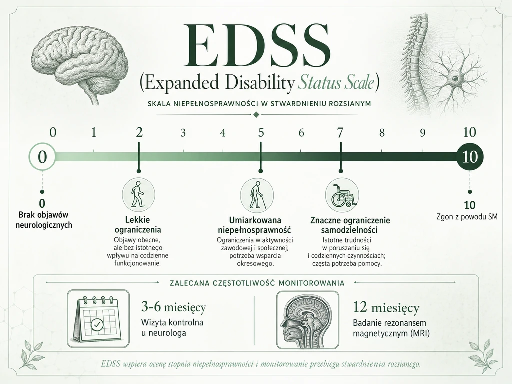 Diagram skali EDSS od 0 do 10 z częstotliwością wizyt neurologicznych i badań MRI w monitorowaniu SM