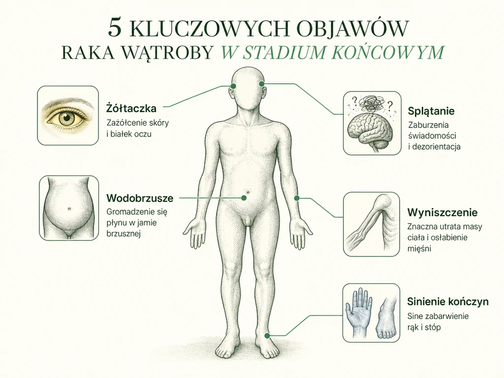 Diagram sylwetki ludzkiego ciała z oznaczonymi objawami terminalnego stadium raka wątroby: żółtaczka, wodobrzusze, wyniszczenie, splątanie, sinienie kończyn