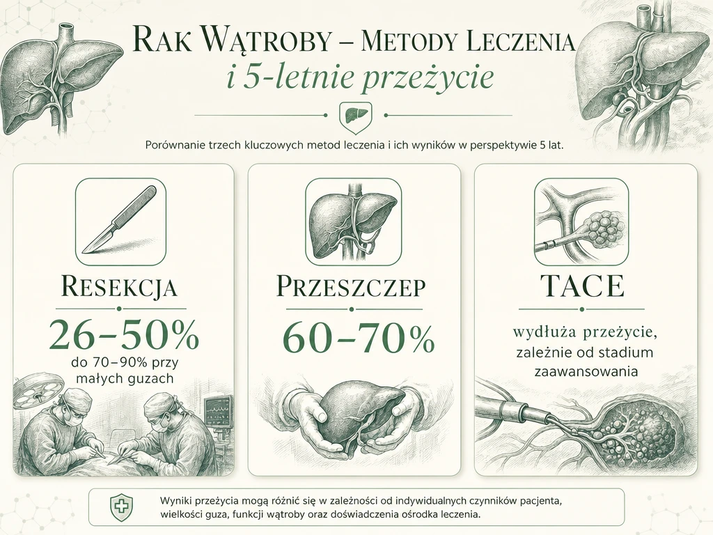 Infografika porównująca skuteczność trzech metod leczenia raka wątroby: resekcji, przeszczepu i TACE