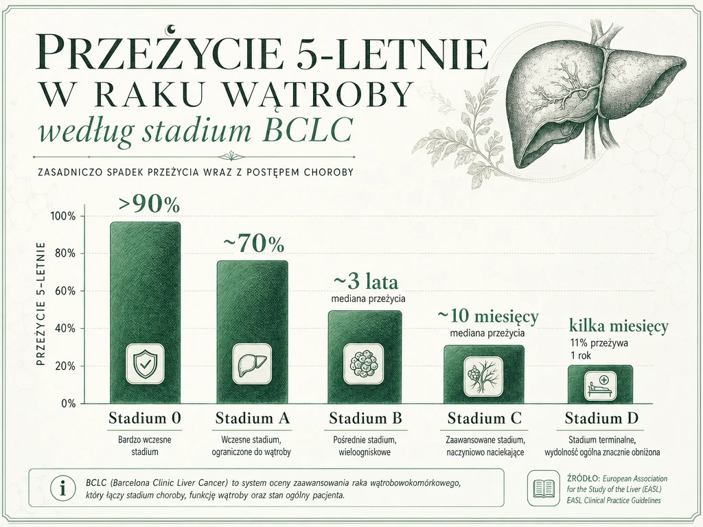 Wykres słupkowy przedstawiający przeżycie 5-letnie w raku wątroby wg stadium BCLC (0, A, B, C, D)