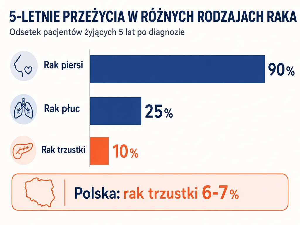 Wykres porównujący 5-letnie przeżycie w raku trzustki (10%, w Polsce 6-7%) z rakiem piersi (90%) i płuc (25%)