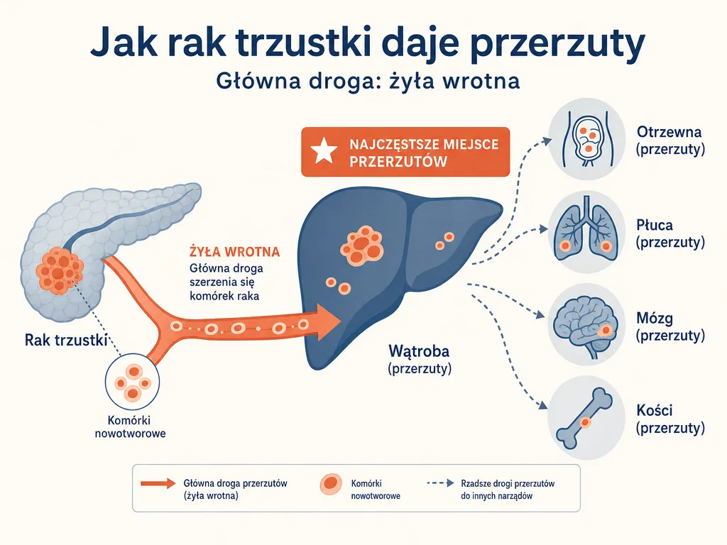 Diagram pokazujący przerzuty raka trzustki: najczęściej do wątroby przez żyłę wrotną, a także do otrzewnej, płuc, mózgu i kości