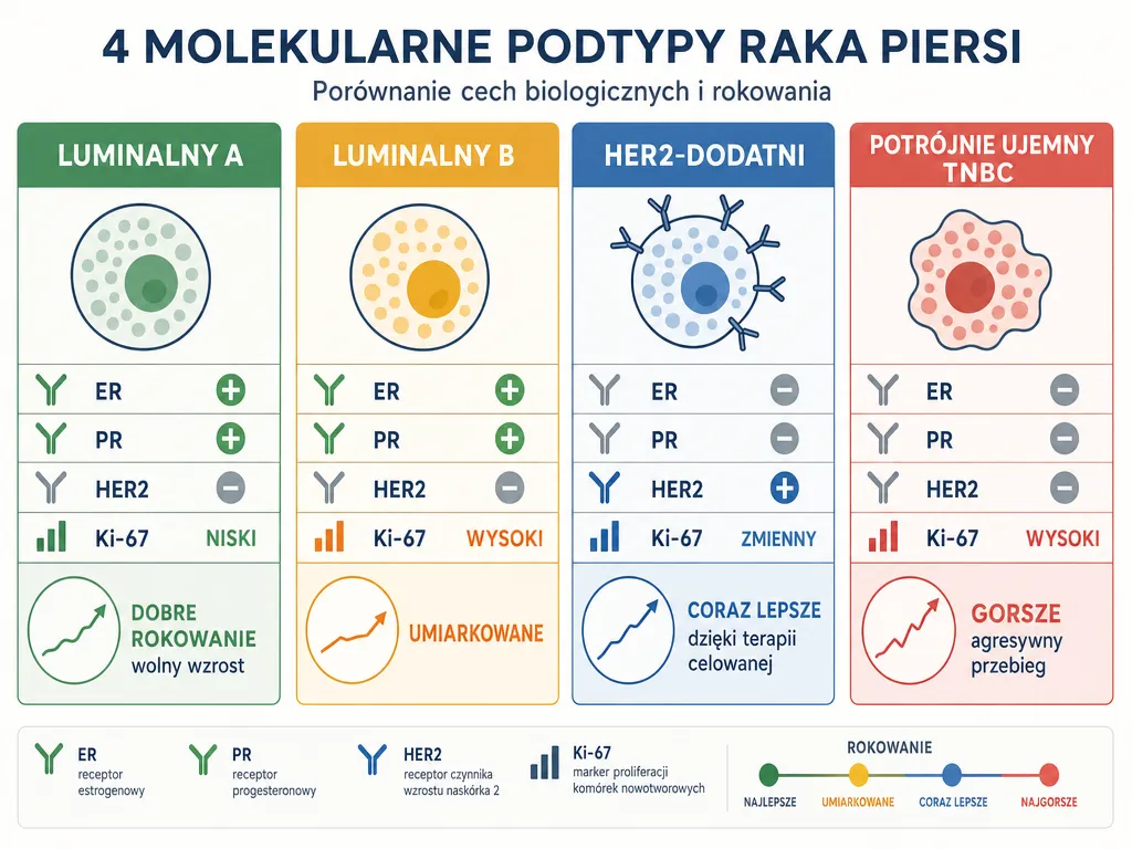 Infografika porównująca 4 podtypy molekularne raka piersi: luminalny A, luminalny B, HER2-dodatni i potrójnie ujemny wraz z rokowaniem