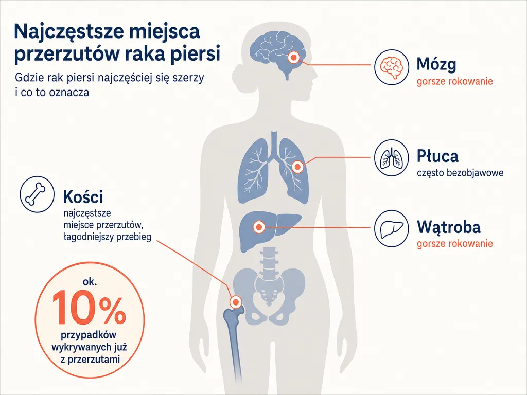 Diagram sylwetki ciała z zaznaczonymi najczęstszymi lokalizacjami przerzutów raka piersi: kości, płuca, wątroba i mózg