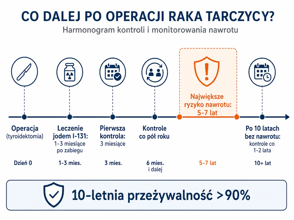 Oś czasu kontroli po operacji raka tarczycy: leczenie jodem, badania kontrolne i okno największego ryzyka nawrotu 5-7 lat