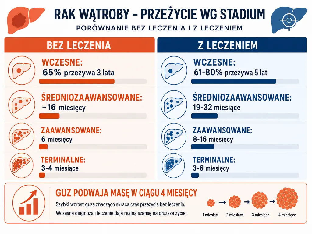 Infografika porównująca czas przeżycia w raku wątroby bez leczenia w zależności od stadium