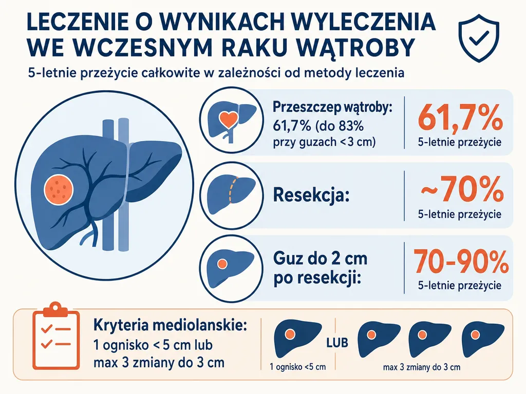 Infografika porównująca skuteczność leczenia radykalnego raka wątroby: przeszczep i resekcja