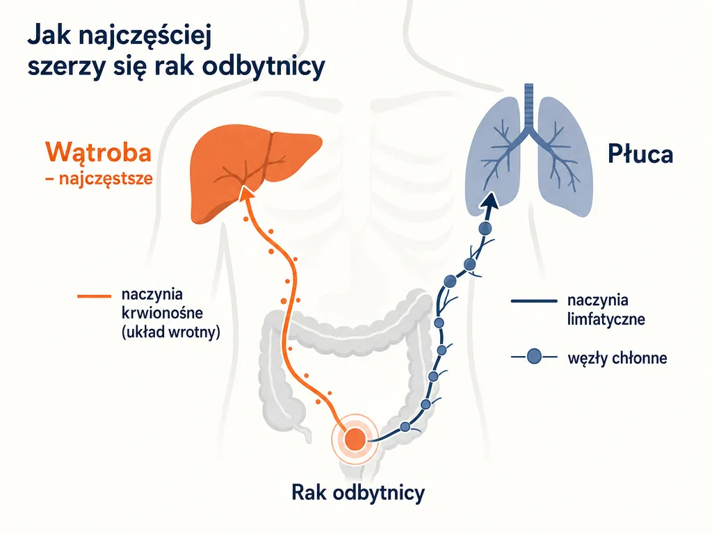 Diagram pokazujący najczęstsze lokalizacje przerzutów raka odbytnicy: wątroba, płuca i węzły chłonne