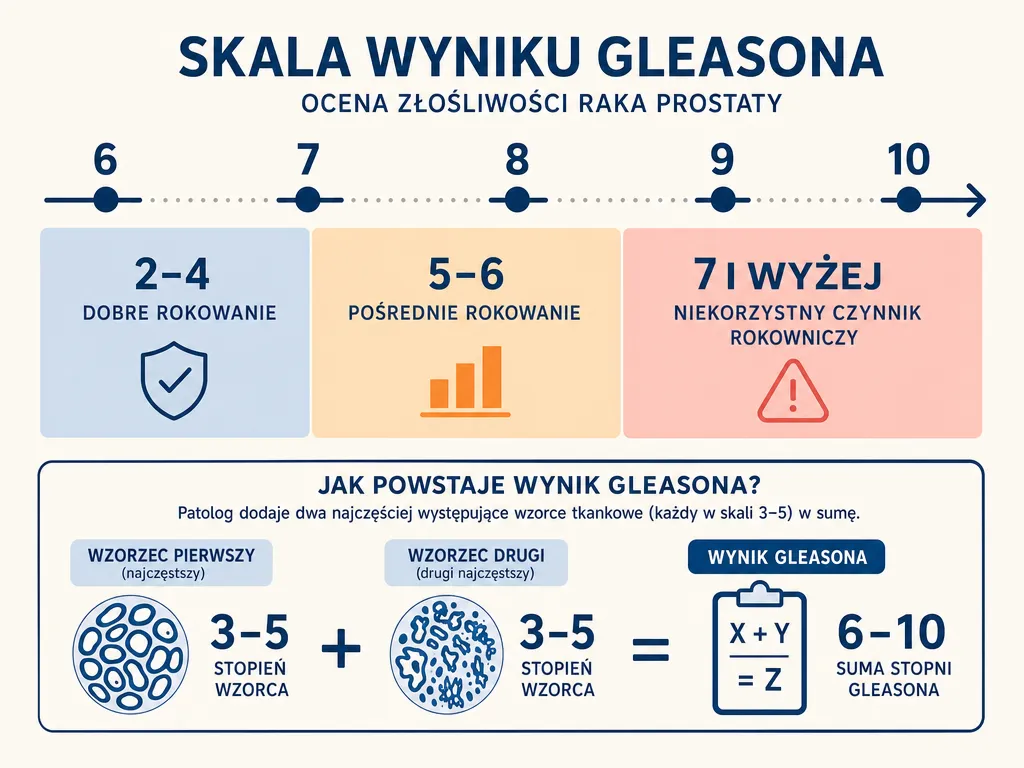 Diagram skali Gleasona od 6 do 10 z oznaczeniem stref rokowniczych: 5-6 pośrednie, 7 i wyżej niekorzystne