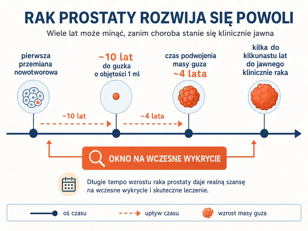 Oś czasu ilustrująca powolny rozwój raka prostaty: około 10 lat do guzka 1 ml i czas podwojenia masy około 4 lata