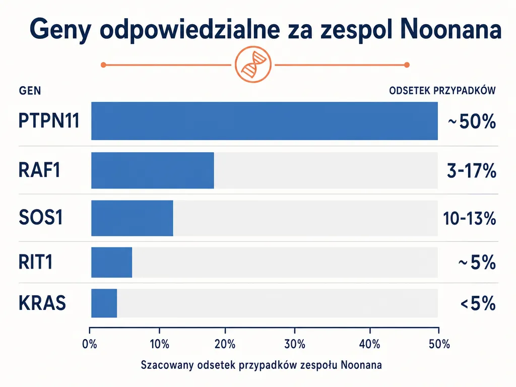 Wykres słupkowy przedstawiający udział poszczególnych genów w przypadkach zespołu Noonana: PTPN11 około 50%, SOS1 10-13%, RAF1 3-17%, RIT1 około 5%, KRAS poniżej 5%