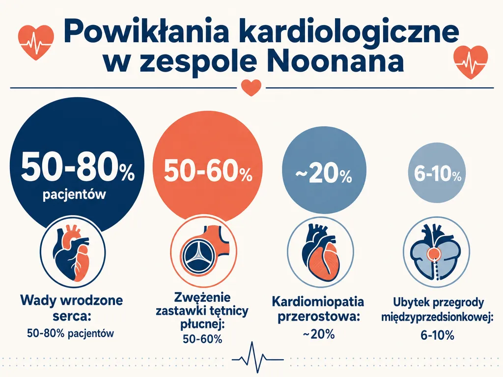Infografika przedstawiająca częstość powikłań kardiologicznych w zespole Noonana: wady wrodzone serca 50-80%, zwężenie zastawki tętnicy płucnej 50-60%, kardiomiopatia przerostowa około 20%