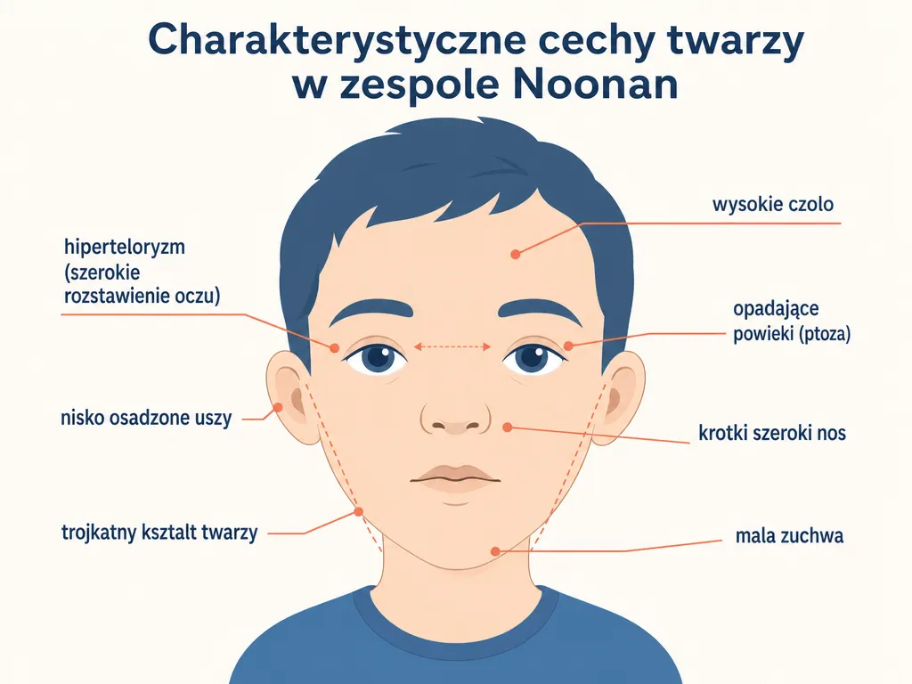 Schemat twarzy dziecka z zespołem Noonana z oznaczonymi cechami dysmorficznymi: hiperteloryzm, opadające powieki, nisko osadzone uszy, krótki szeroki nos, trójkątny kształt twarzy