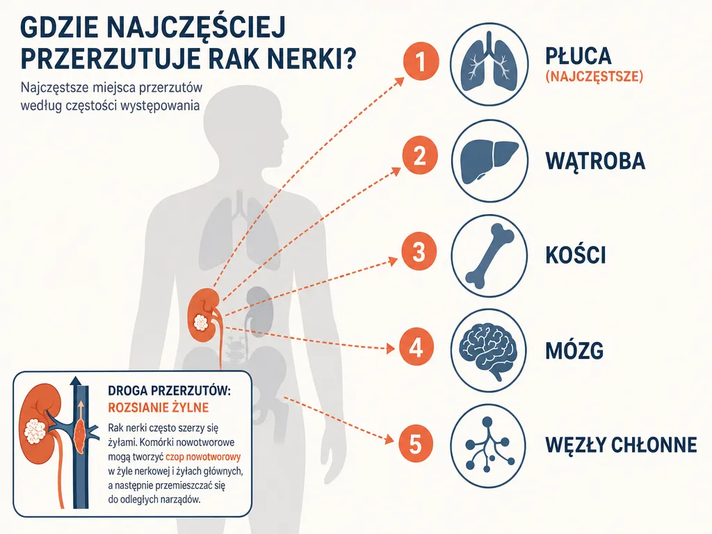 Diagram anatomiczny pokazujacy najczestsze lokalizacje przerzutow raka nerki