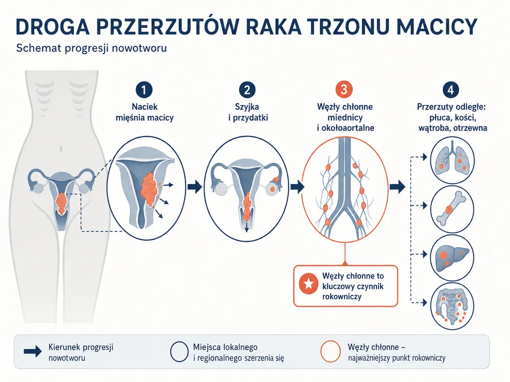 Diagram etapów przerzutowania raka endometrium od nacieku macicy przez węzły chłonne do narządów odległych