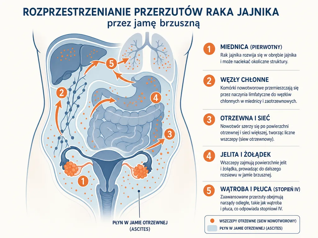 Diagram anatomiczny pokazujący drogę rozsiewu raka jajnika przez ciągłość w jamie brzusznej od miednicy do narządów odległych