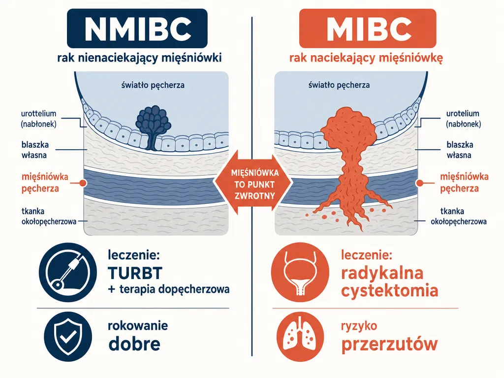 Infografika porównująca raka nienaciekającego mięśniówki (NMIBC) i naciekającego (MIBC) z przekrojem ściany pęcherza i różnicami w leczeniu