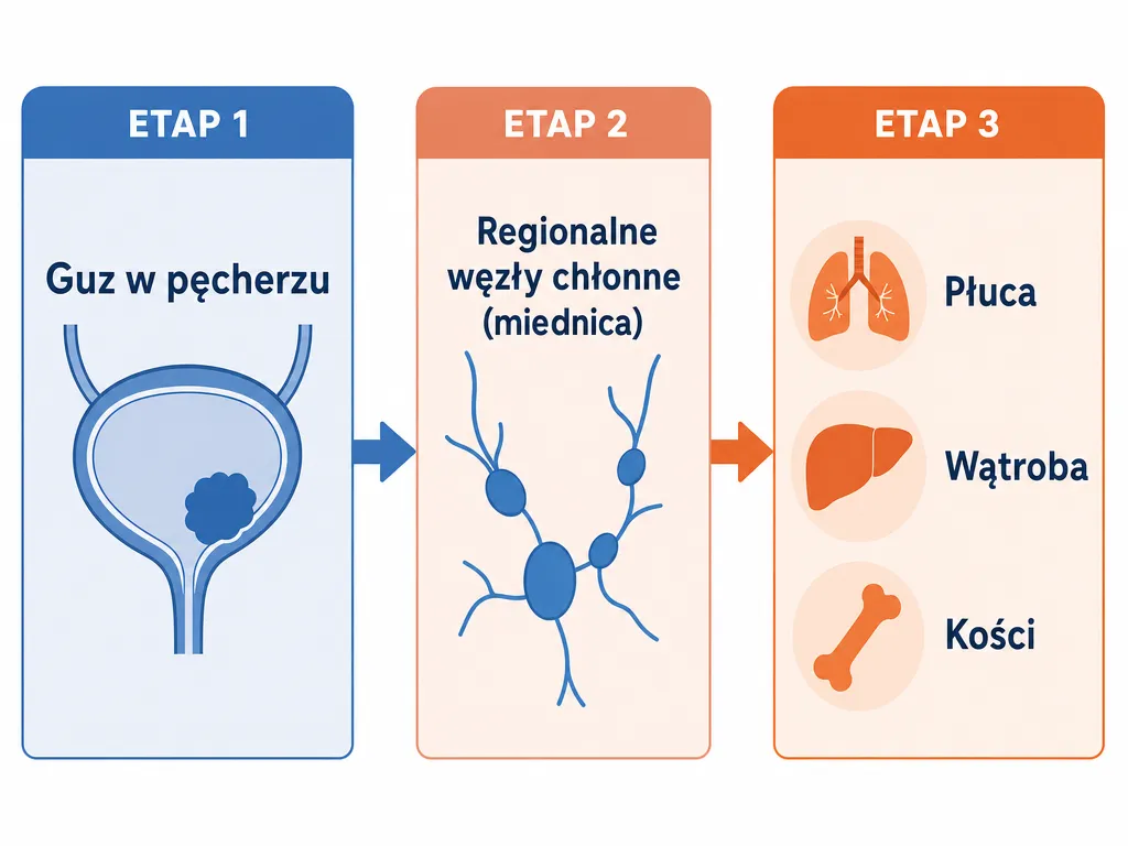 Diagram etapowego rozprzestrzeniania się raka pęcherza: od guza w pęcherzu, przez węzły chłonne, do przerzutów w płucach, wątrobie i kościach