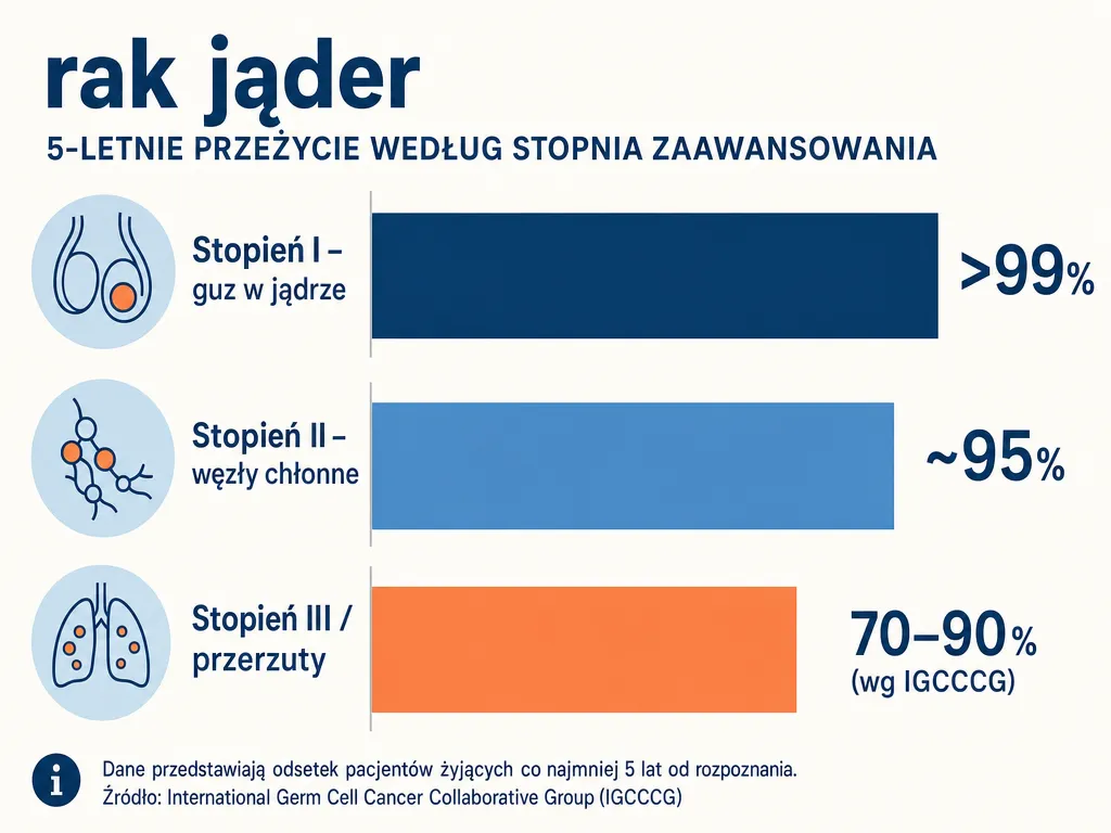Wykres słupkowy 5-letniego przeżycia w raku jądra według stadium zaawansowania: stopień I ponad 99%, stopień II około 95%, stopień III 70-90%