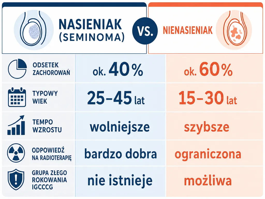 Infografika porównująca nasieniaka i nienasieniaka jądra: odsetek zachorowań, wiek, tempo wzrostu, odpowiedź na radioterapię i grupę rokowania