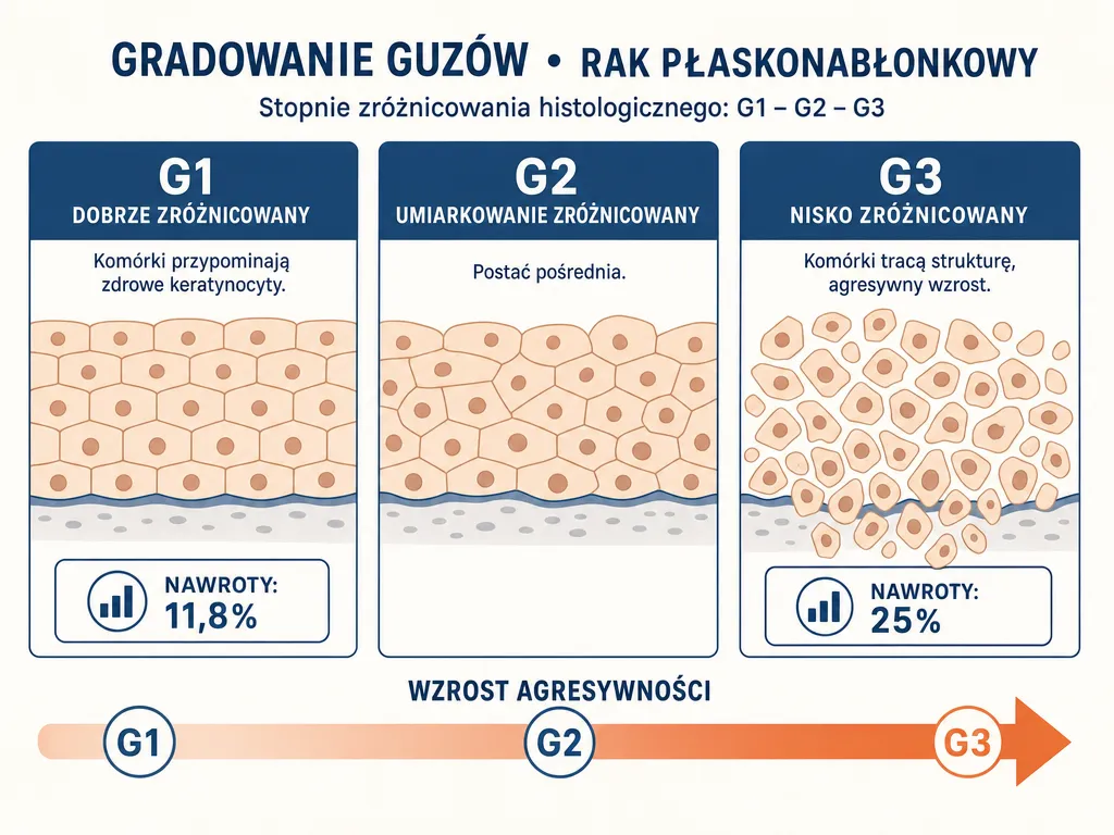 Diagram porównujący stopnie złośliwości G1, G2 i G3 raka płaskonabłonkowego oraz częstość nawrotów