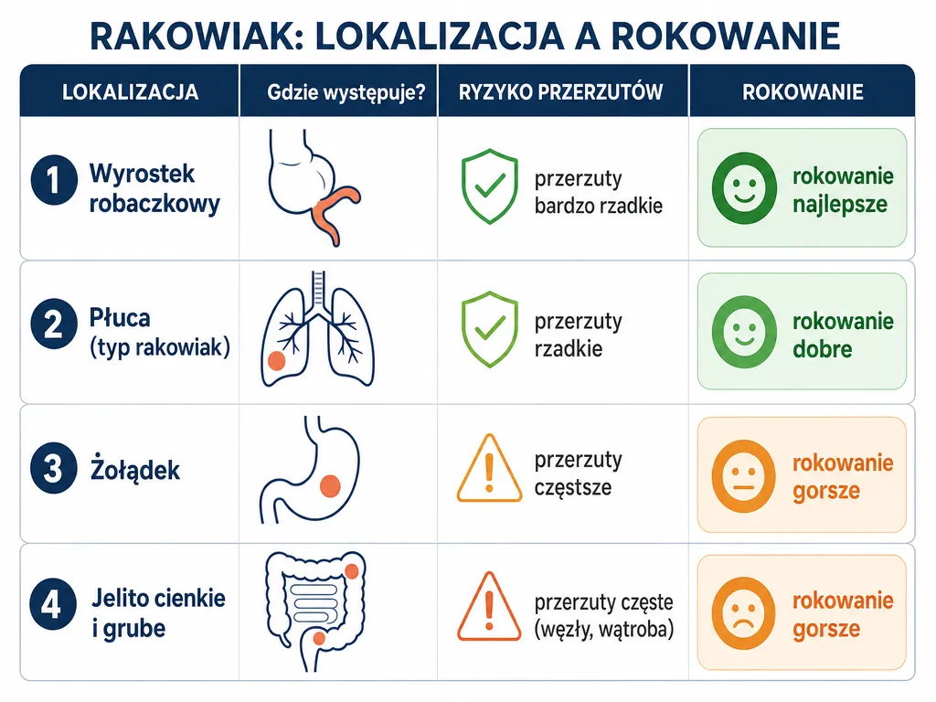 Infografika porównująca lokalizację rakowiaka, skłonność do przerzutów i rokowanie