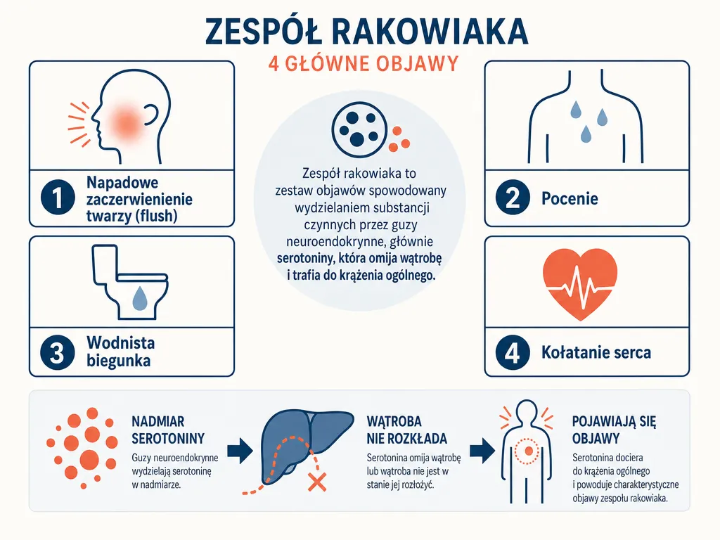 Diagram czterech głównych objawów zespołu rakowiaka i ich związku z nadmiarem serotoniny