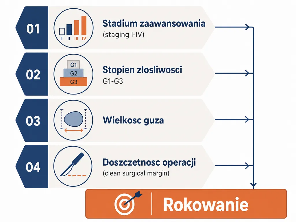 Diagram czterech czynnikow wplywajacych na rokowania w miesaku: stadium, zlosliwosc, wielkosc guza i doszczetnosc operacji