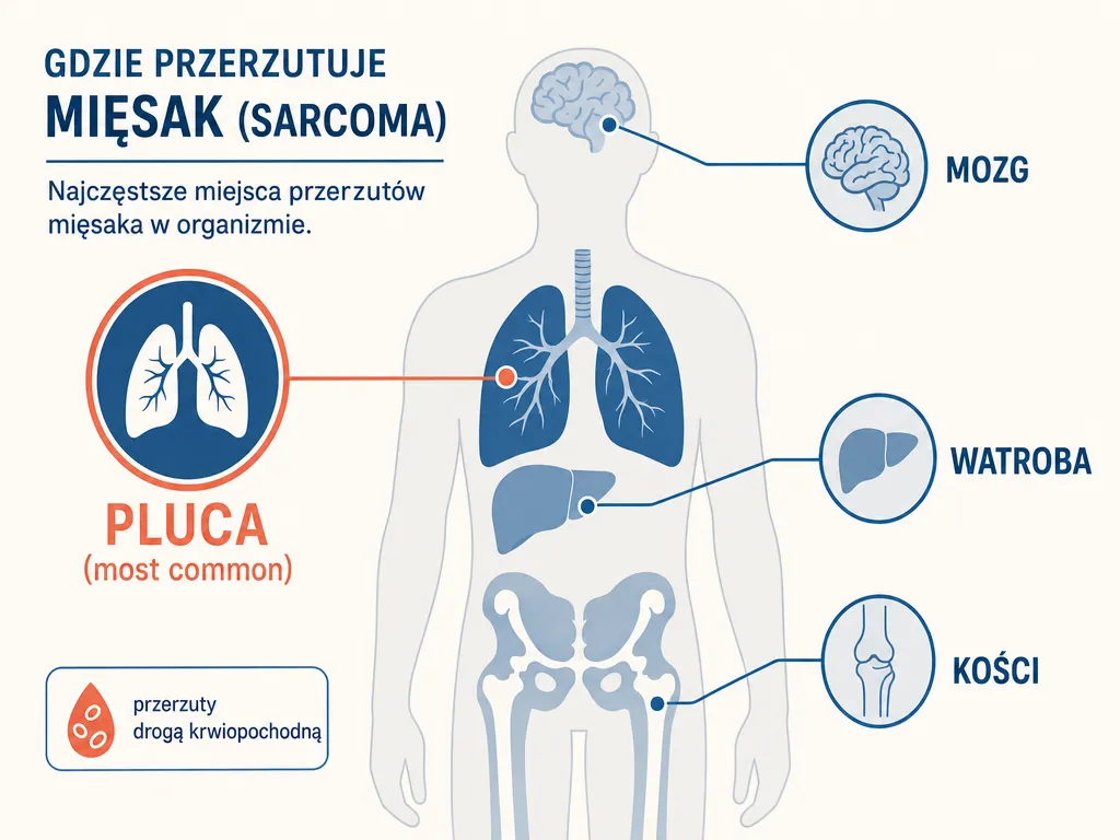 Diagram sylwetki ciala pokazujacy lokalizacje przerzutow miesaka: pluca jako najczestsze miejsce, watroba, mozg i kosci