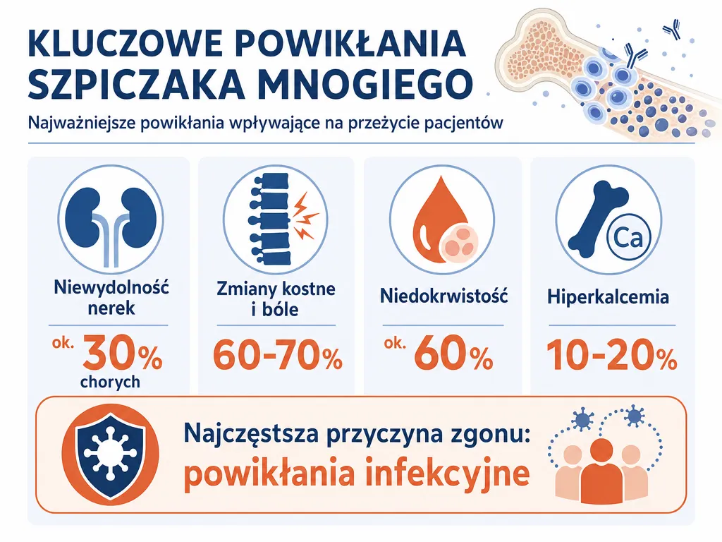 Infografika powikłań szpiczaka mnogiego: niewydolność nerek 30%, zmiany kostne 60-70%, niedokrwistość 60%, hiperkalcemia 10-20% oraz infekcje jako główna przyczyna zgonu