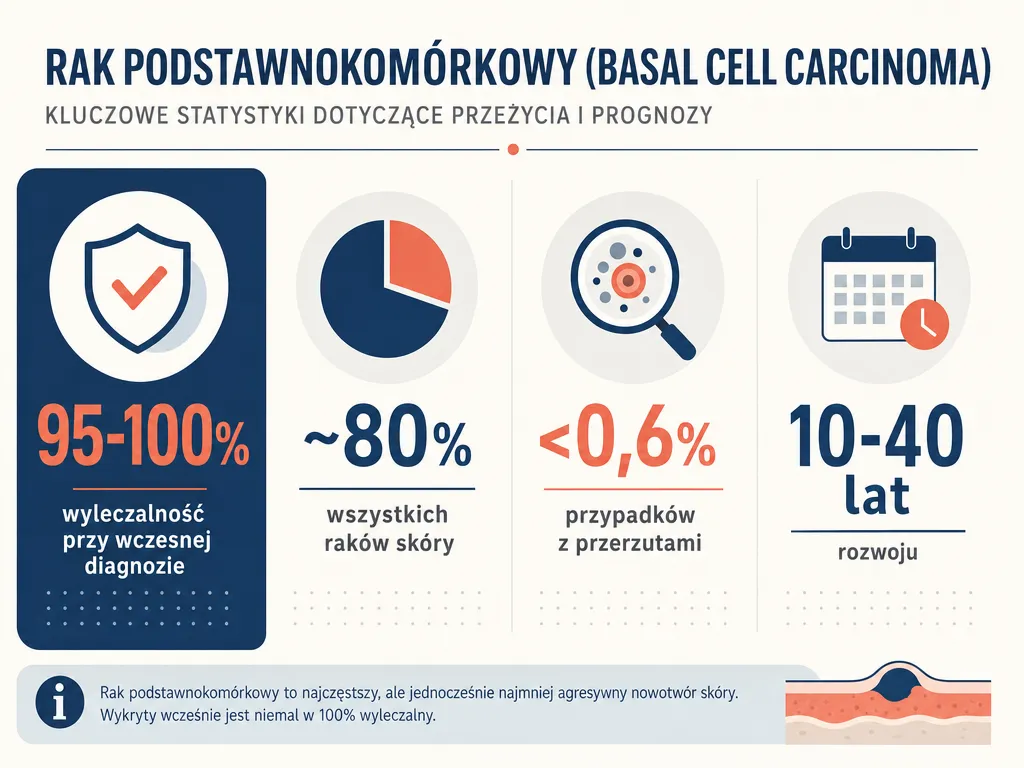 Infografika przedstawiająca kluczowe statystyki rokowań w raku podstawnokomórkowym: wyleczalność 95-100%, mniej niż 0,6% przerzutów, rozwój 10-40 lat