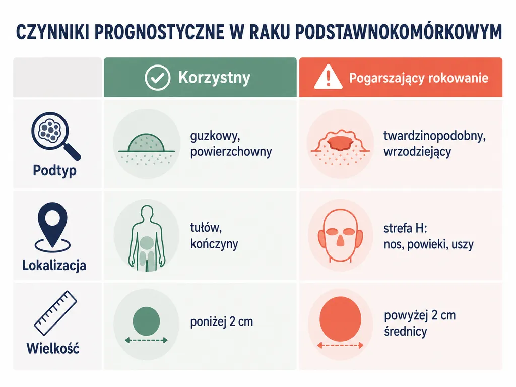 Infografika porównująca czynniki korzystne i pogarszające rokowanie w raku podstawnokomórkowym: podtyp, lokalizacja i wielkość zmiany