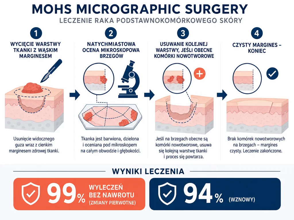 Diagram krok po kroku przedstawiający etapy chirurgii mikrograficznej metodą Mohsa w leczeniu raka podstawnokomórkowego