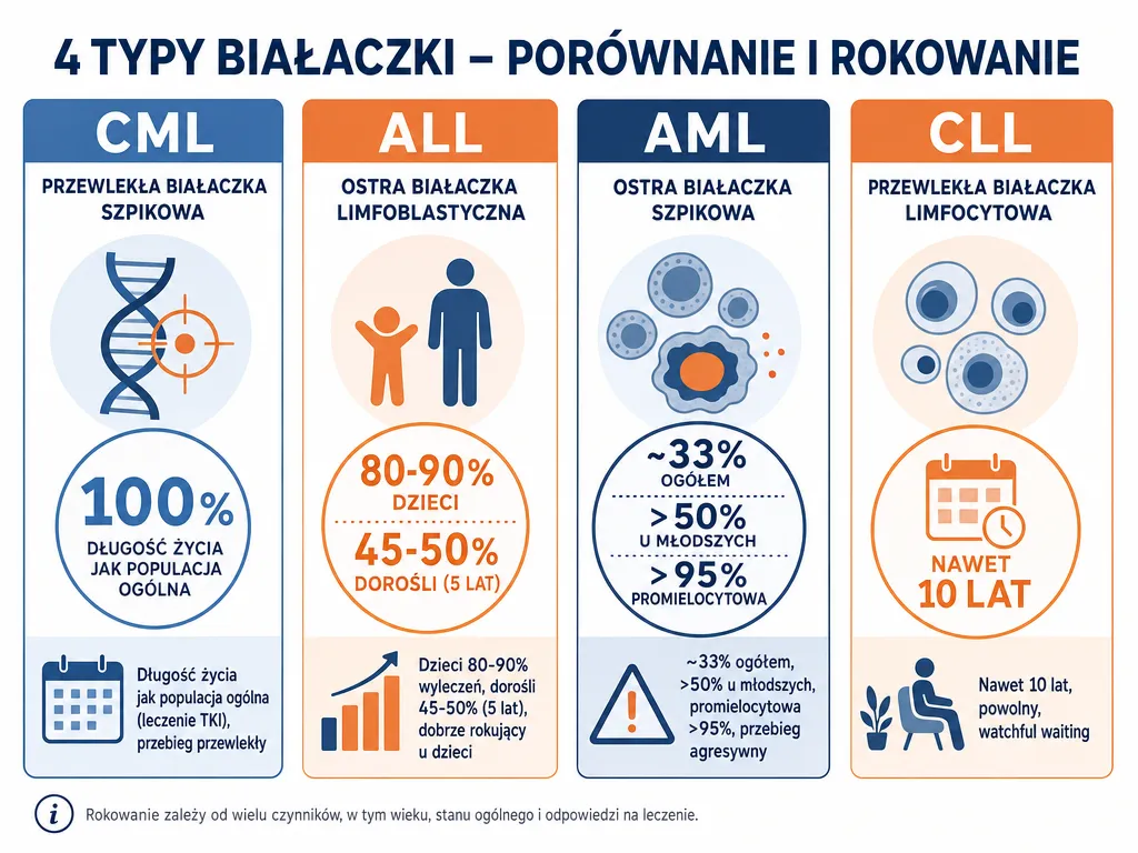 Infografika porównująca rokowania czterech typów białaczki: CML, ALL, AML i CLL