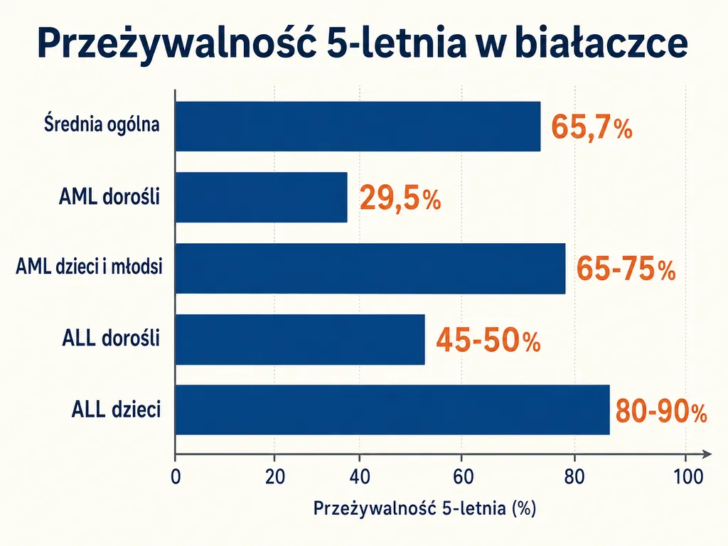 Wykres słupkowy przedstawiający 5-letnią przeżywalność w różnych typach białaczki