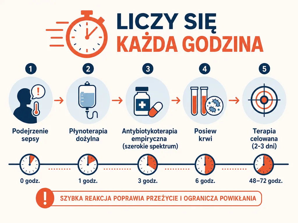 Diagram przedstawiający kolejność natychmiastowego leczenia sepsy w pierwszych godzinach: płynoterapia, antybiotyk empiryczny, posiew, terapia celowana
