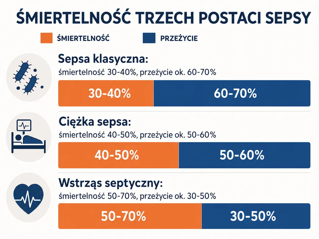 Infografika porównująca śmiertelność i szanse przeżycia w sepsie klasycznej, ciężkiej i wstrząsie septycznym