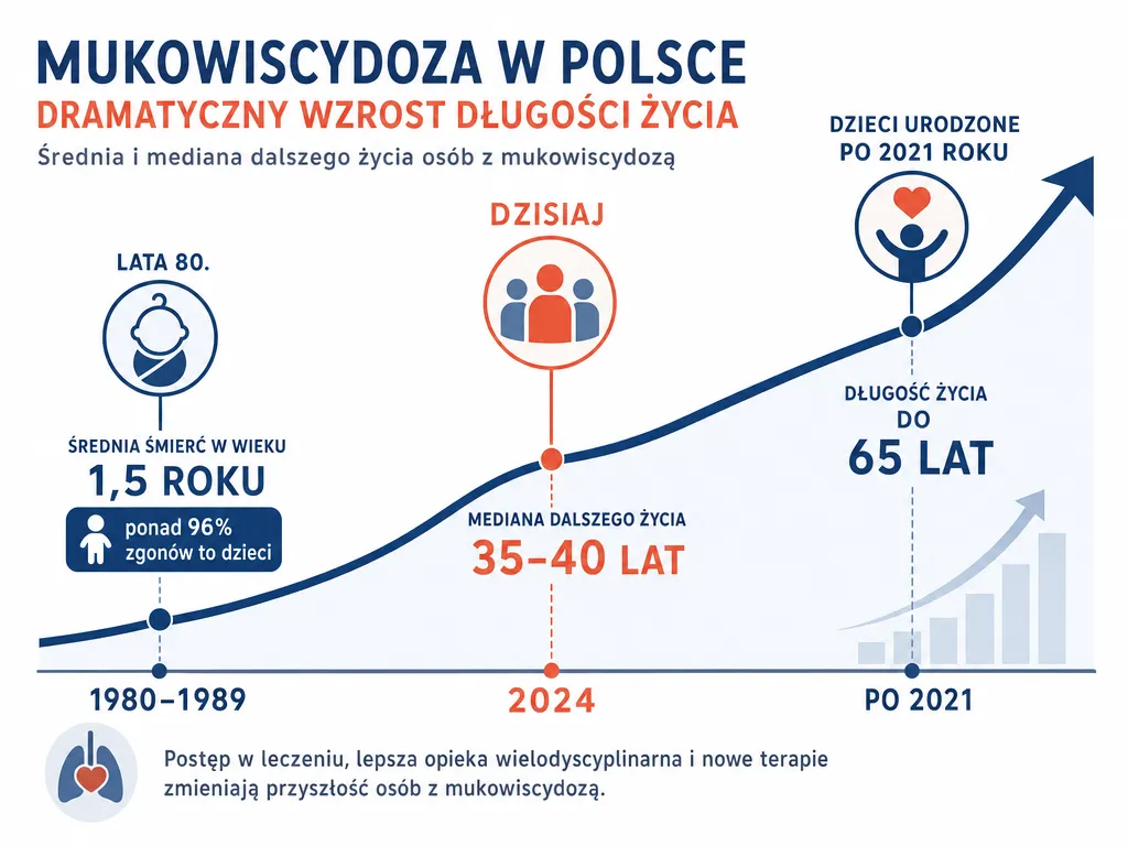 Oś czasu pokazująca wzrost długości życia z mukowiscydozą w Polsce: od 1,5 roku w latach 80. do nawet 65 lat dla dzieci urodzonych po 2021 roku